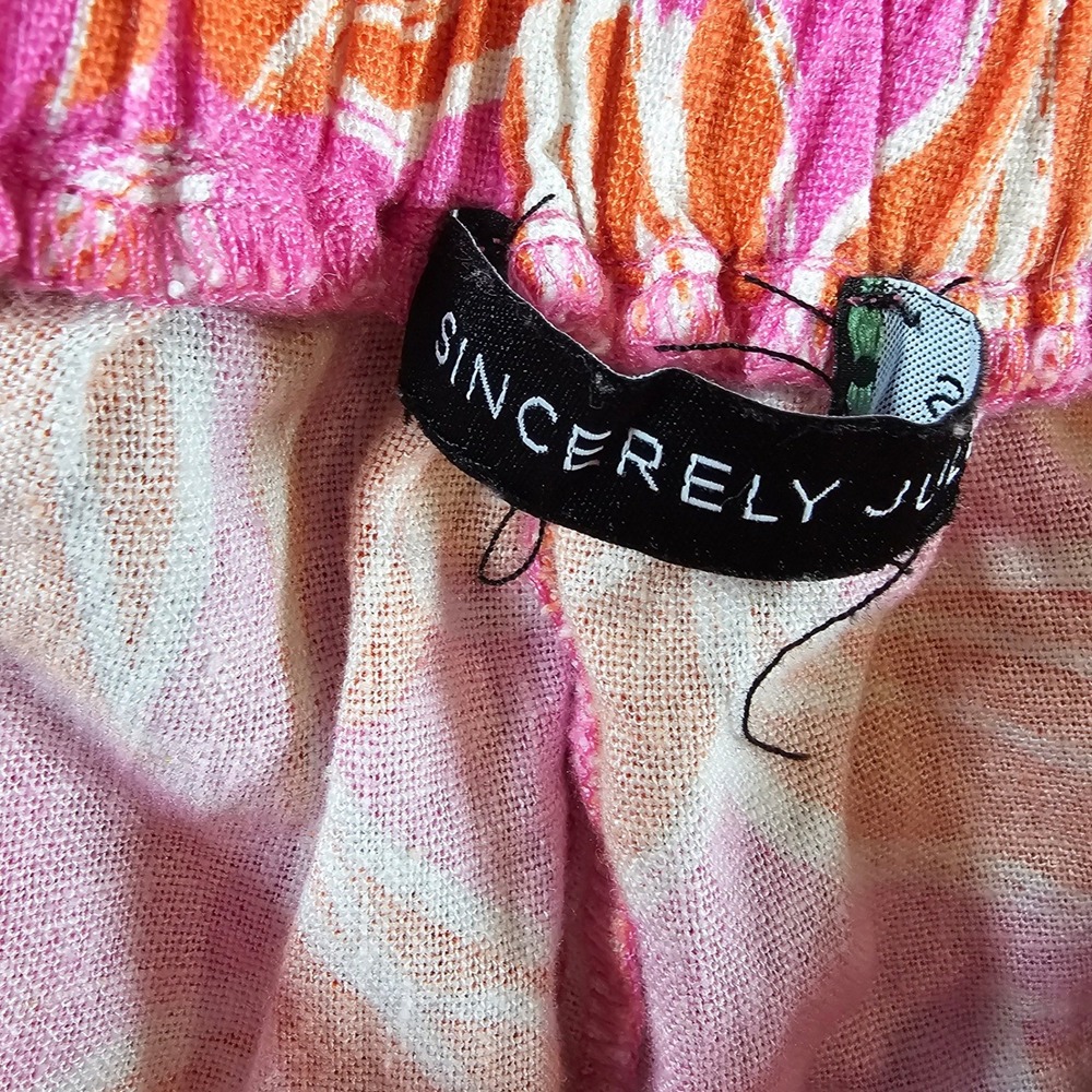 Sincerely Jules Pink Orange Tropical Leaf Print Linen Blend Wide Leg Pants 12 - Picture 3 of 9
